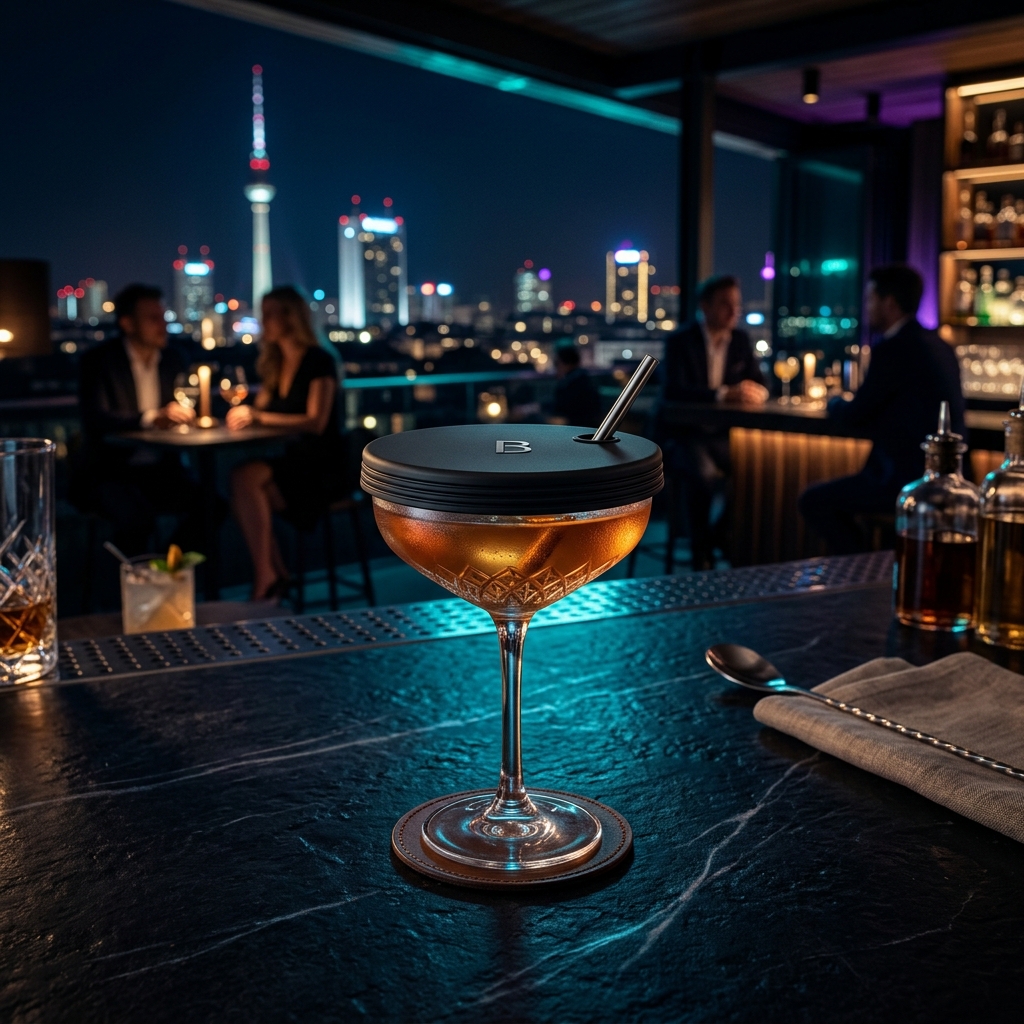 VQID Drink Cover auf edlem Cocktailglas