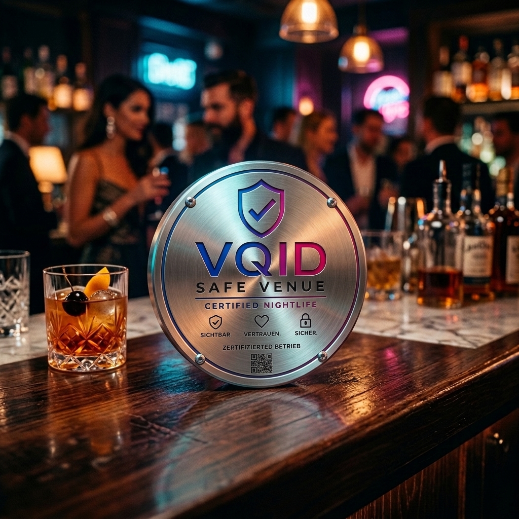 VQID Safe Venue Badge auf Tresen